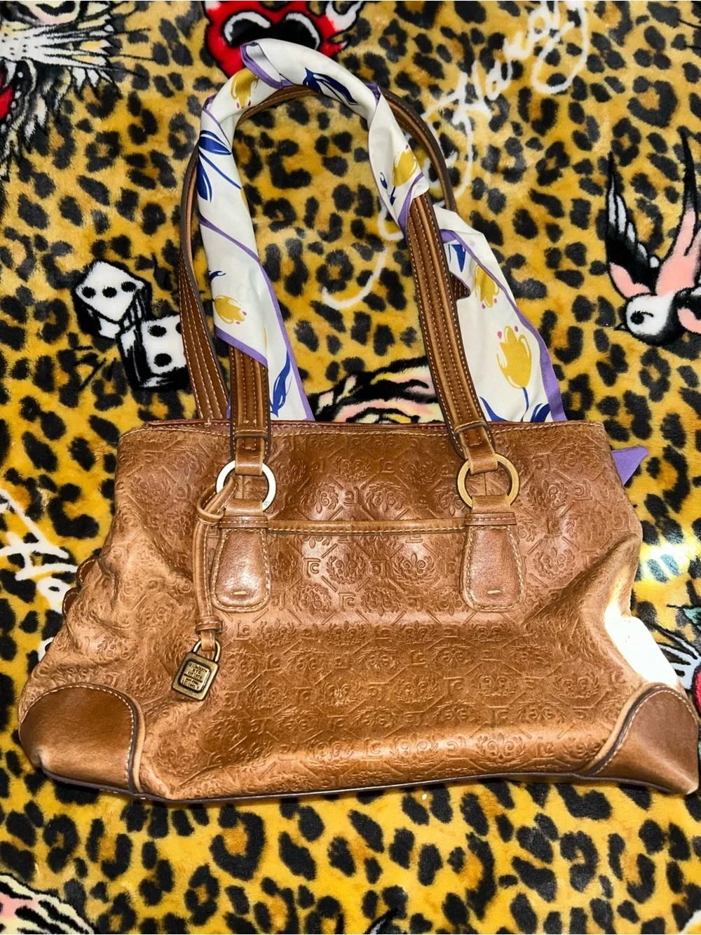 Liz Claiborne Brown Embossed Satchel with Purple-Accent Scarf